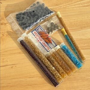 Assorted bead lot. Mostly golden amber and blue